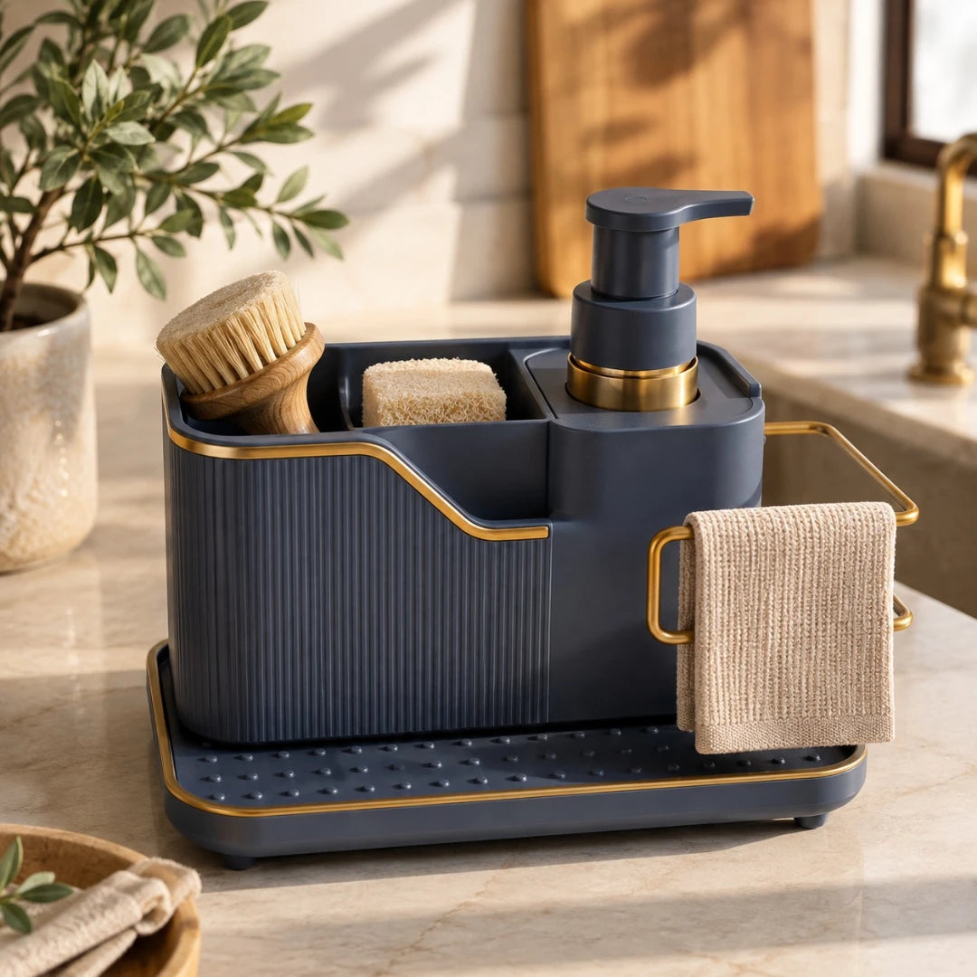 Hydia Modern Kitchen Sink Organizer with Soap Dispenser and Towel Holder