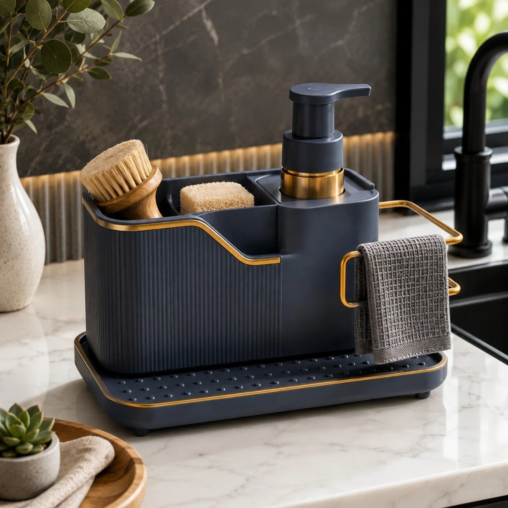 Hydia Modern Kitchen Sink Organizer with Soap Dispenser and Towel Holder