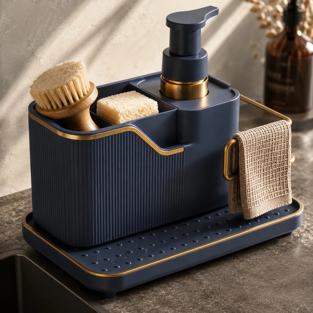 Hydia Modern Kitchen Sink Organizer with Soap Dispenser and Towel Holder